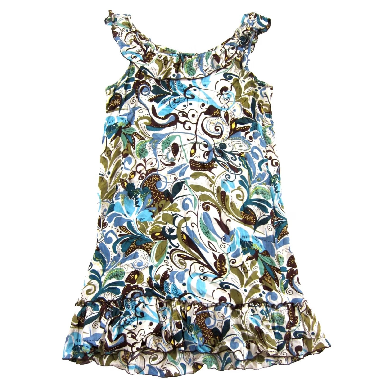 Vintage Loco Lindo 100% Rayon Green Floral Ruffle Neck Tank Sun Dress Large Size L / US 10 / IT 46 - 2 Thumbnail
