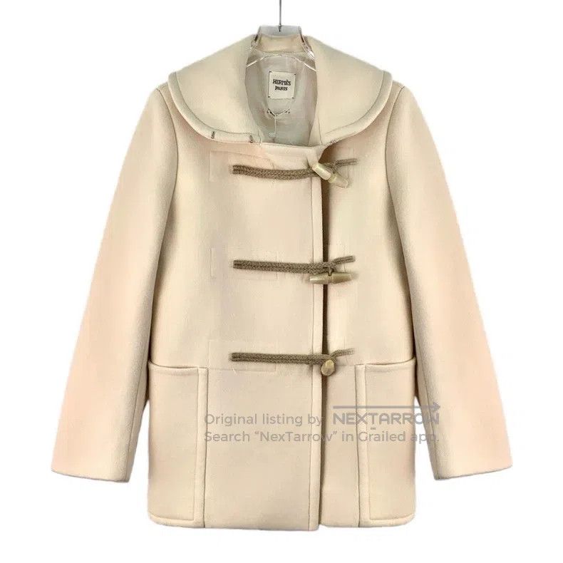 Hermes Hermes Beige Wool Lapel Horn Button Long Sleeve Coat Size XXS / US 00 / IT 34 - 1 Thumbnail
