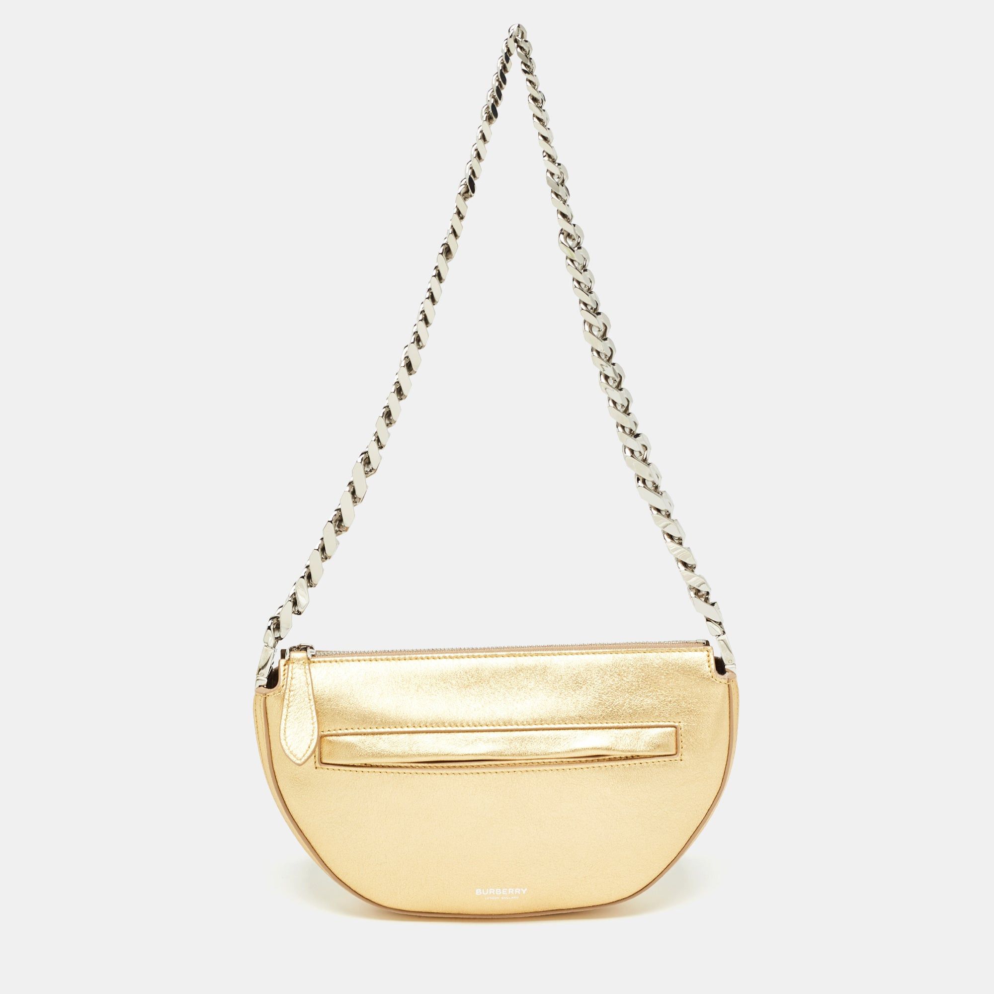 image of Burberry Gold Leather Mini Olympia Zip Chain Bag, Women's