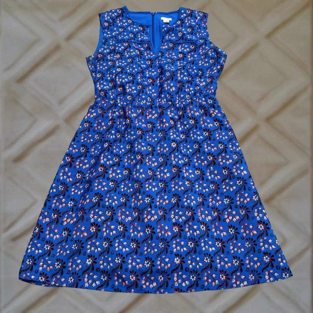J.Crew J.Crew Poppy Floral V-Neck Sleeveless A-Line Dress Womens 4 Blue Knee Length Dress Size S / US 4 / IT 40 - 1 Thumbnail