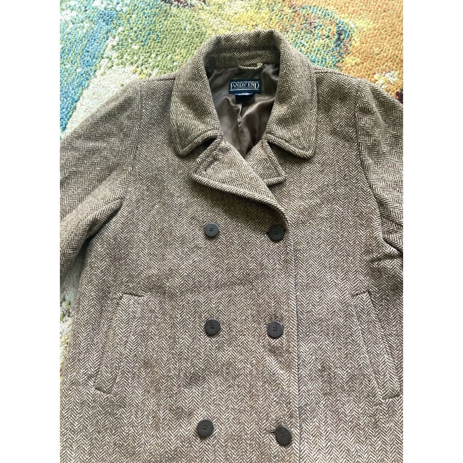 Lands' End Lands' End Womens XL Beige Herringbone Pea Coat Wool Blend Overcoat Size XL / US 12-14 / IT 48-50 - 4 Thumbnail