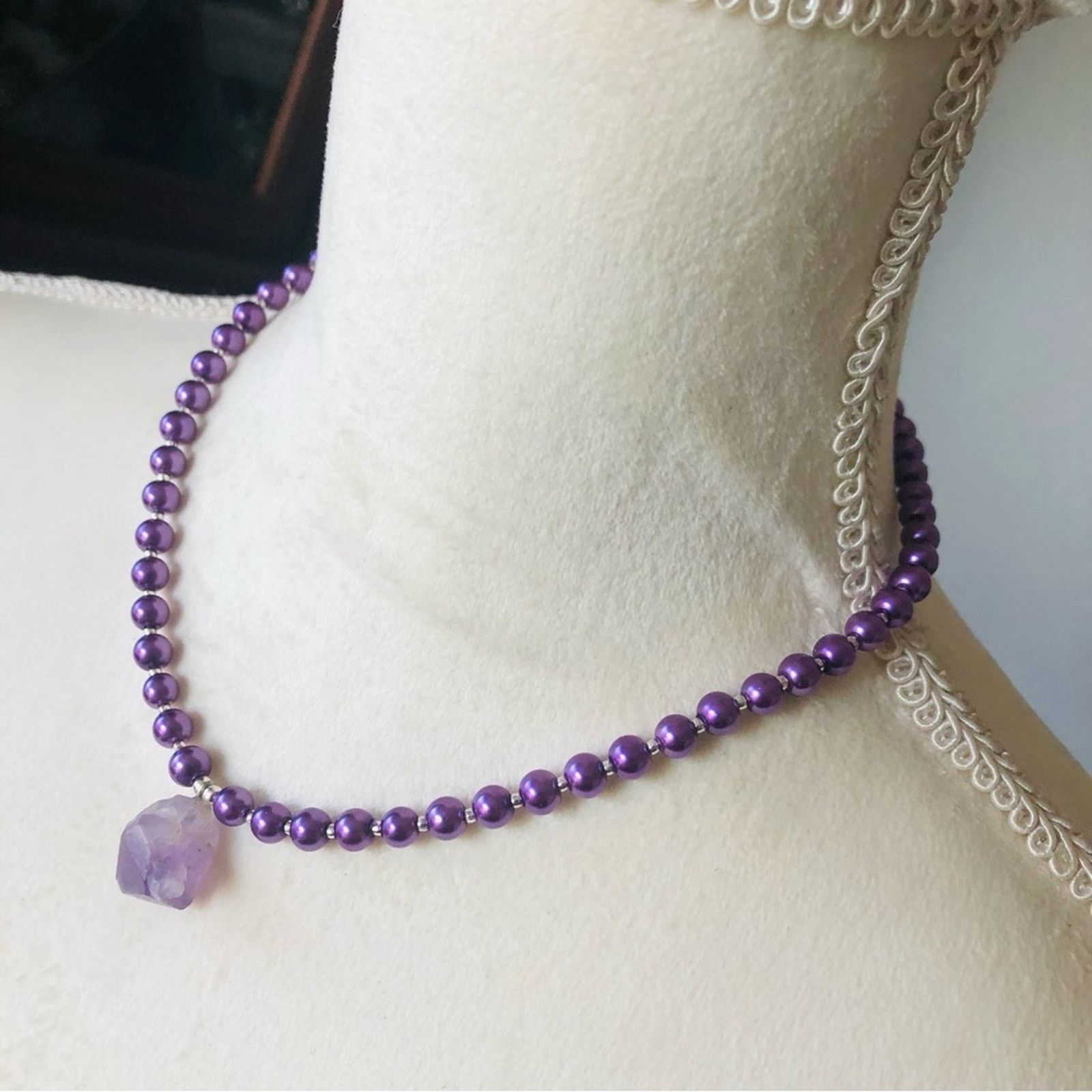 Handmade Handcrafted repurpose genuine amethyst slab Pearl necklace Size ONE SIZE - 5 Thumbnail