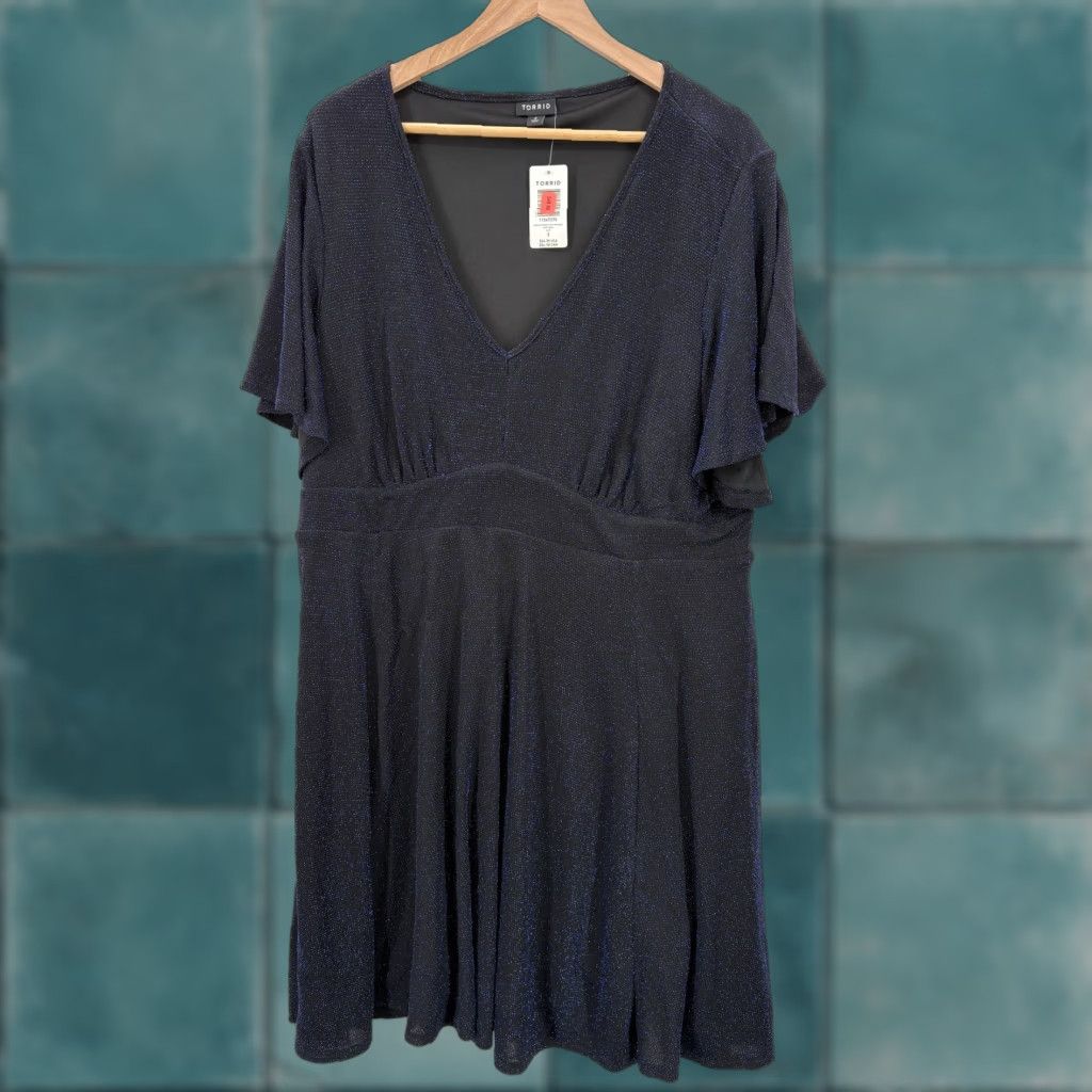 Torrid Torrid Dress Womens 3X Black Shimmer Flutter Sleeve V Neck Skater Party Holiday Dress Size XXL / US 16-18 / IT 52-54 - 1 Thumbnail