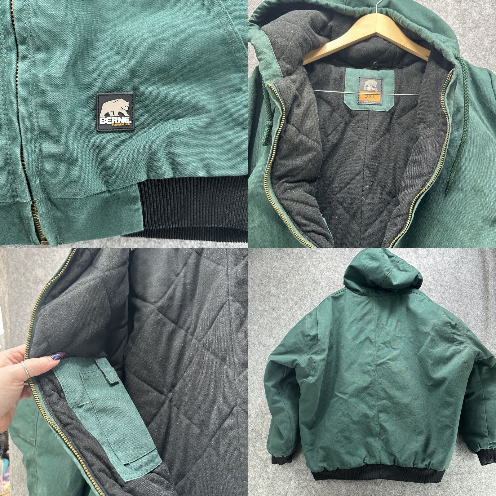 Vintage Berne Heritage Duck Hooded Active Work Jacket Mens 3XL Green Full Zip Bomber Jacket Pockets Lined Heavyweight Winter Casual Workwear Canvas Cotton Size US XXL / EU 58 / 5 - 8 Thumbnail