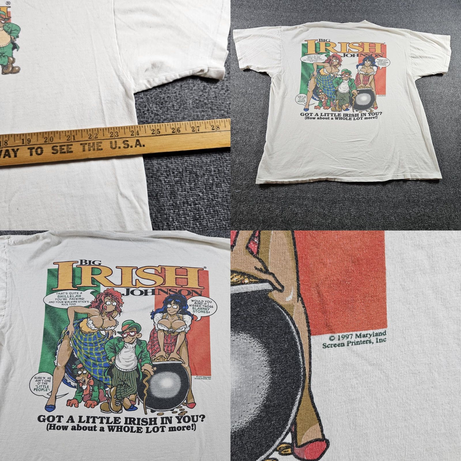 Big John VINTAGE Big Johnson Shirt Mens XL White Graphic Print Crew Neck Short Sleeve St Patrick's Day Irish 1997 Mens Size US XL / EU 56 / 4 - 8 Thumbnail