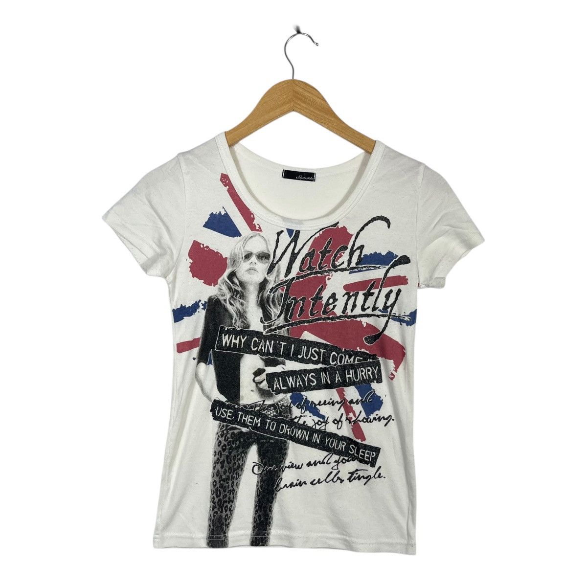 Vintage Spinkle Union Jack Graphic Baby Tee White Watch Intently Size M / US 6-8 / IT 42-44 - 1 Thumbnail