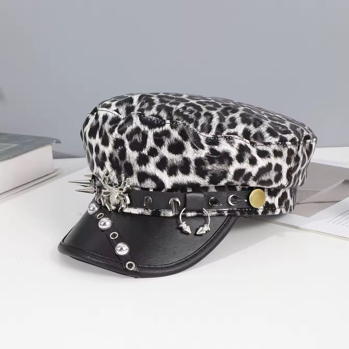 Other Leopard Gothic Punk PU Leather Trendy Y2k Hat Beret Size ONE SIZE - 1 Thumbnail