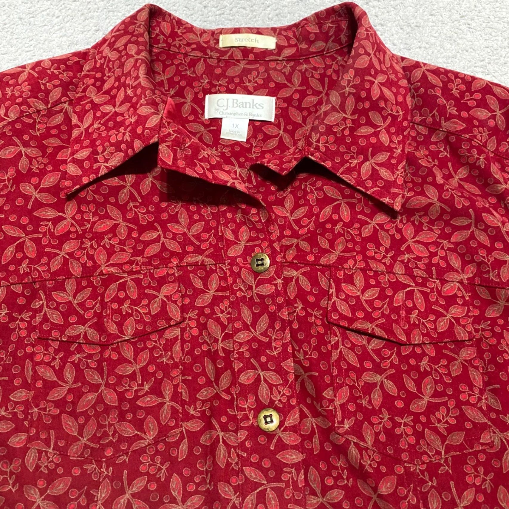 Vintage Christopher & Banks Jacket Womens 1X Plus Red Floral Button Up Short Sleeve Shoulder Pads Casual Travel Size XL / US 12-14 / IT 48-50 - 6 Thumbnail