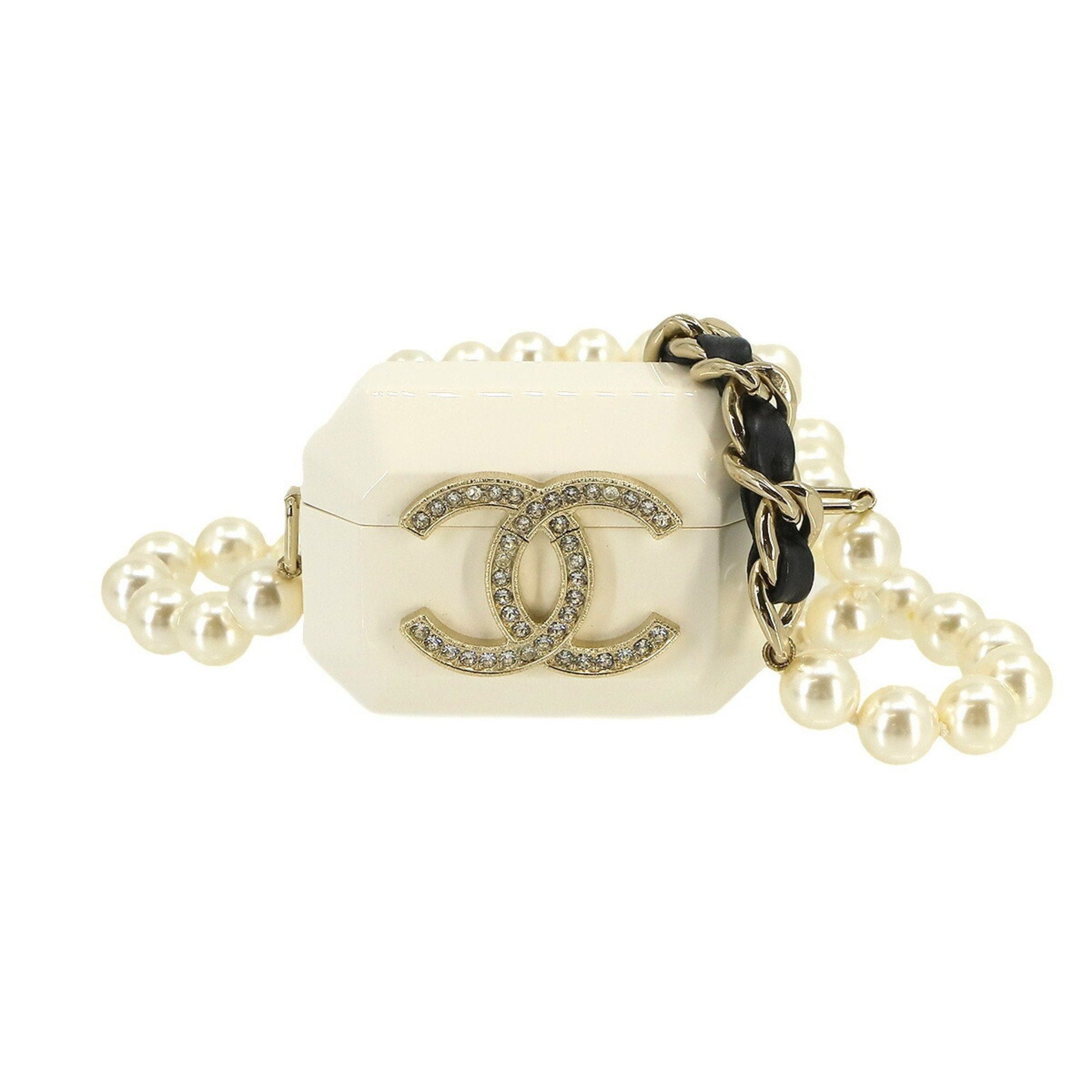 image of Chanel Coco Mark Airpods Pro Case Rhinestone Faux Pearl Leather White Ab6425 B21A in Black, Women's