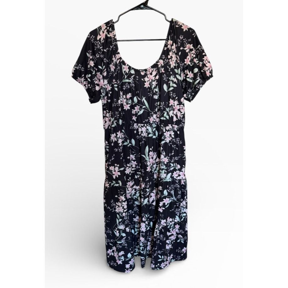 Other Black Pink Floral Short Sleeve Round Neck Shirred Dress Size L / US 10 / IT 46 - 6 Thumbnail