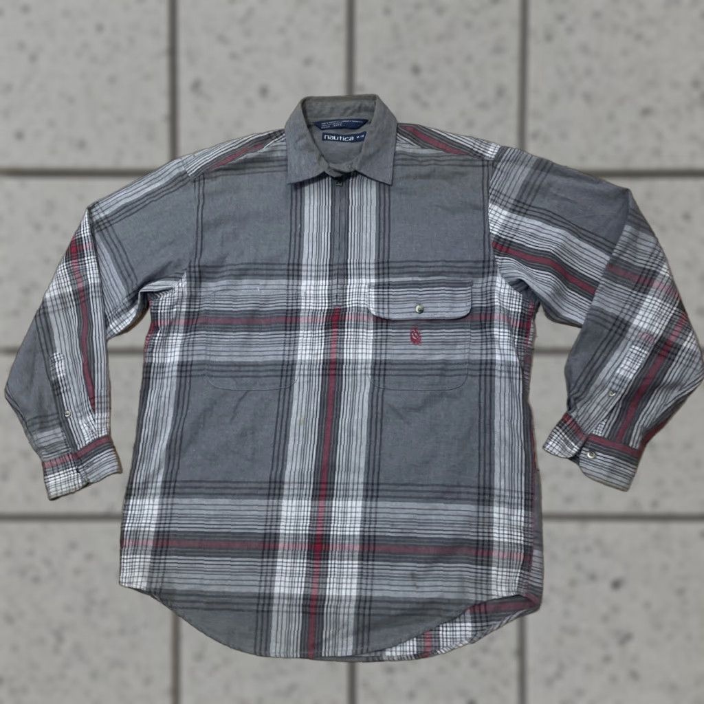 Nautica VINTAGE Nautica Shirt Men M 1/4 Zip Plaid Red Gray Grunge 90s Cotton Long Sleeve Warm Casual Workwear Size US M / EU 48-50 / 2 - 1 Thumbnail