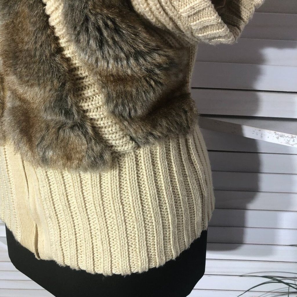 Vintage 90s Y2K Faux Fur vest wool brown beige cable knit w/ hood S Size S / US 4 / IT 40 - 6 Thumbnail