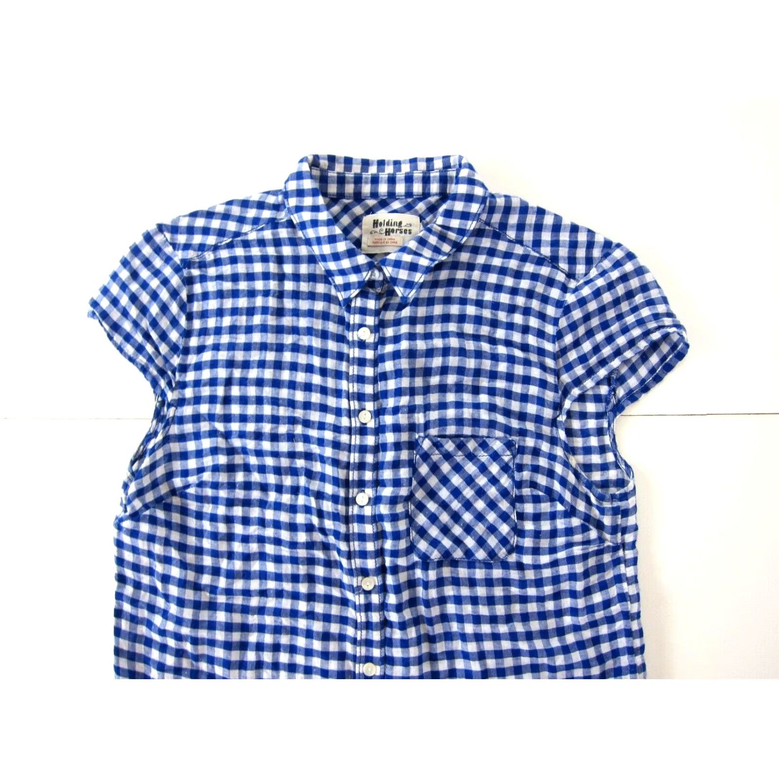 Anthropologie Holding Horses Blouse Shirt Cotton Blue White Plaid Ombre Short Sleeve 4 Womens Vintage Style Theme Horse Button Collar to Travel Business Casual Size S / US 4 / IT 40 - 3 Thumbnail