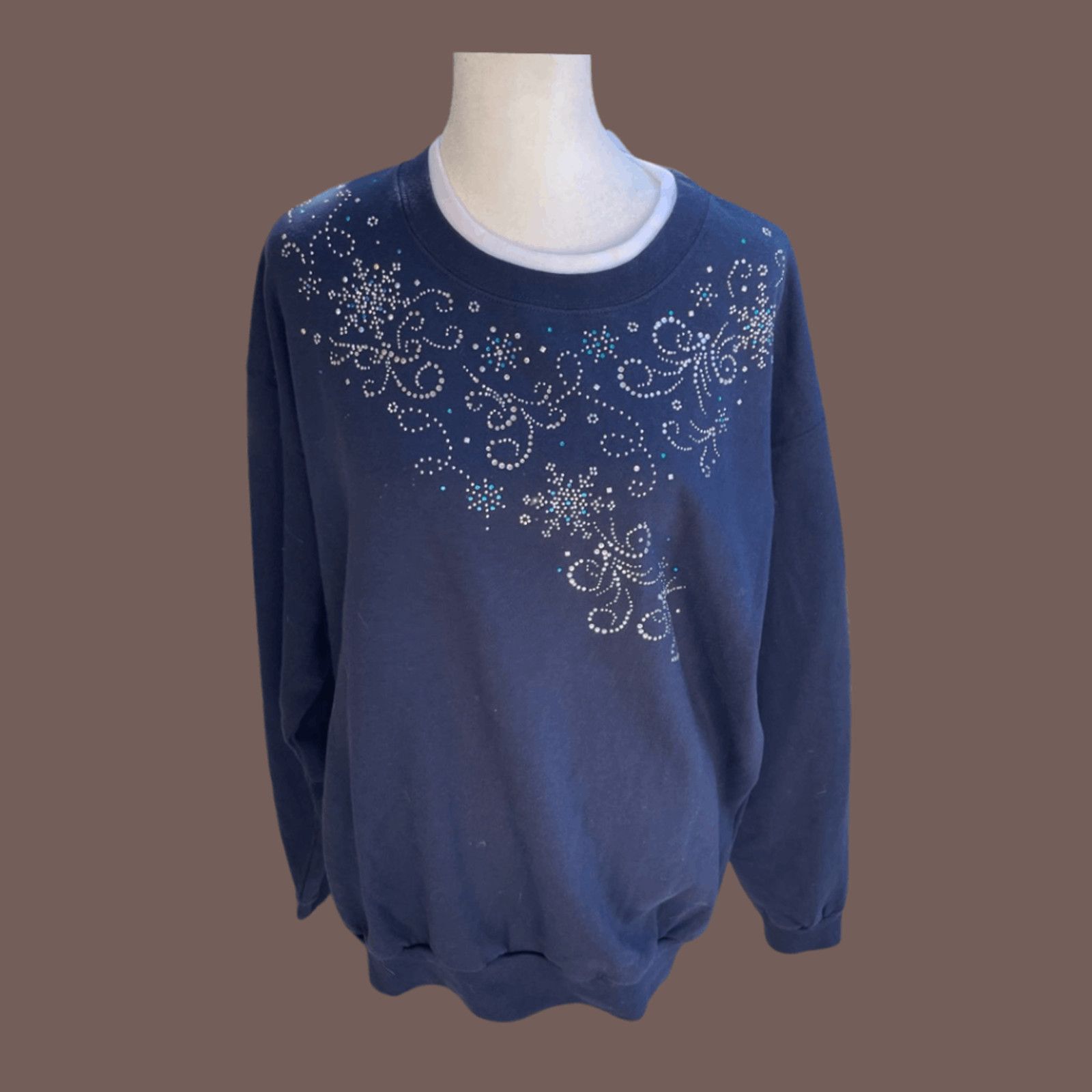 Vintage VTG Winter Sweater | Morning Sun Navy Rhinestone Grannycore Size L / US 10 / IT 46 - 1 Thumbnail