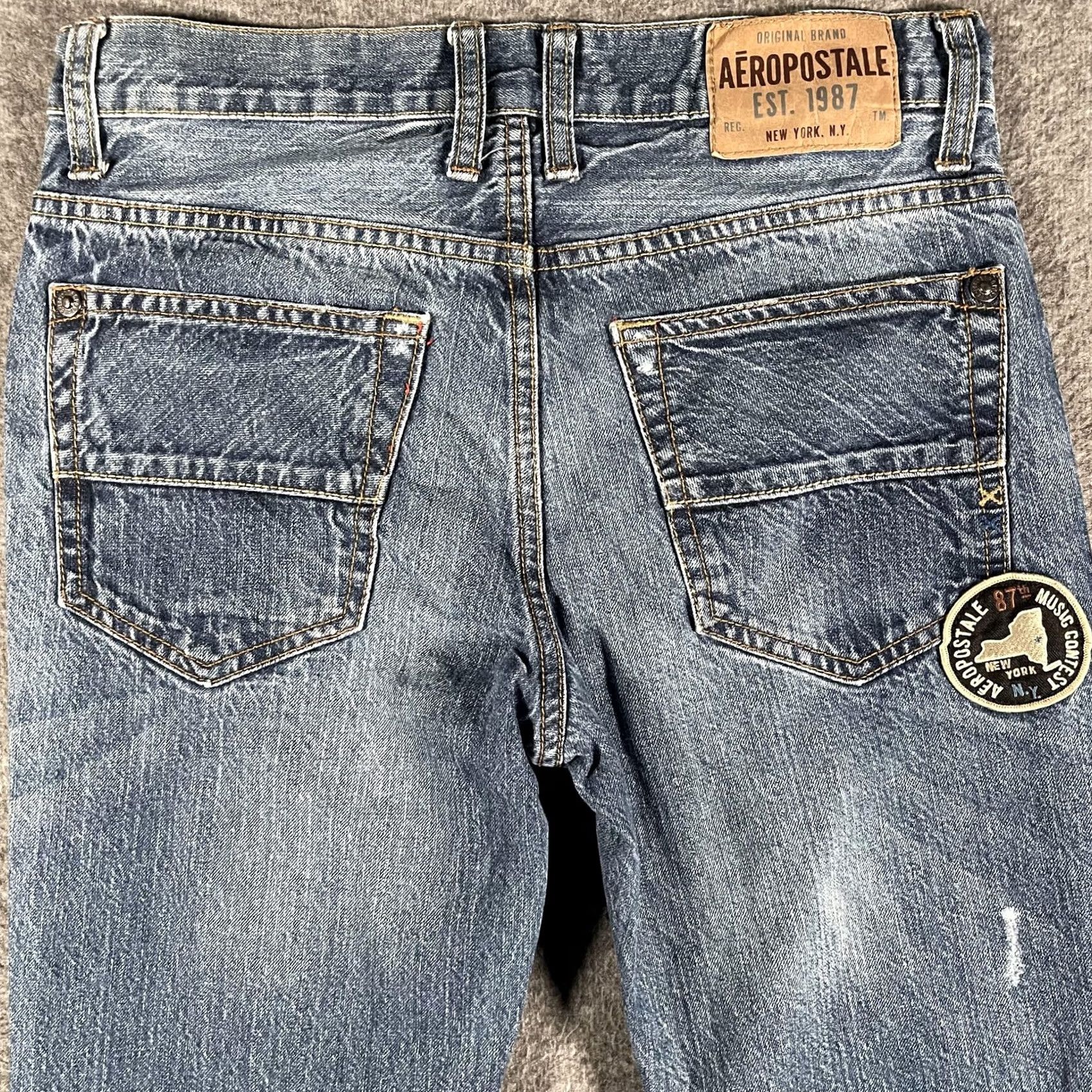 Vintage Aéropostale Essex Jeans Mens 29x30 Blue Denim Distressed Music Patch Straight Leg Casual Rock Mens Size US 29 - 2 Thumbnail