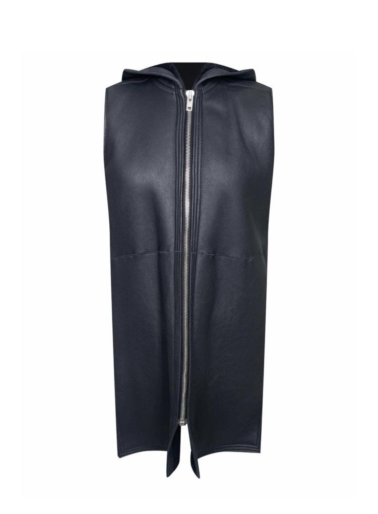 image of Rick Owens Fw15 Leather Hooded Long Vest in Black, Men's (Size Medium)