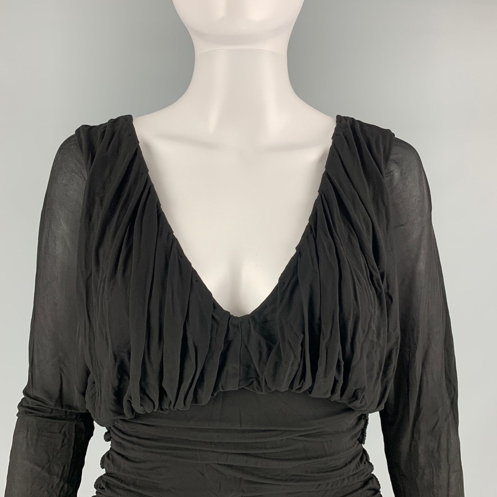 Saint Laurent Paris SAINT LAURENT Black Cupro Ruched Long Sleeve Cocktail Dress Size XS / US 0-2 / IT 36-38 - 2 Thumbnail