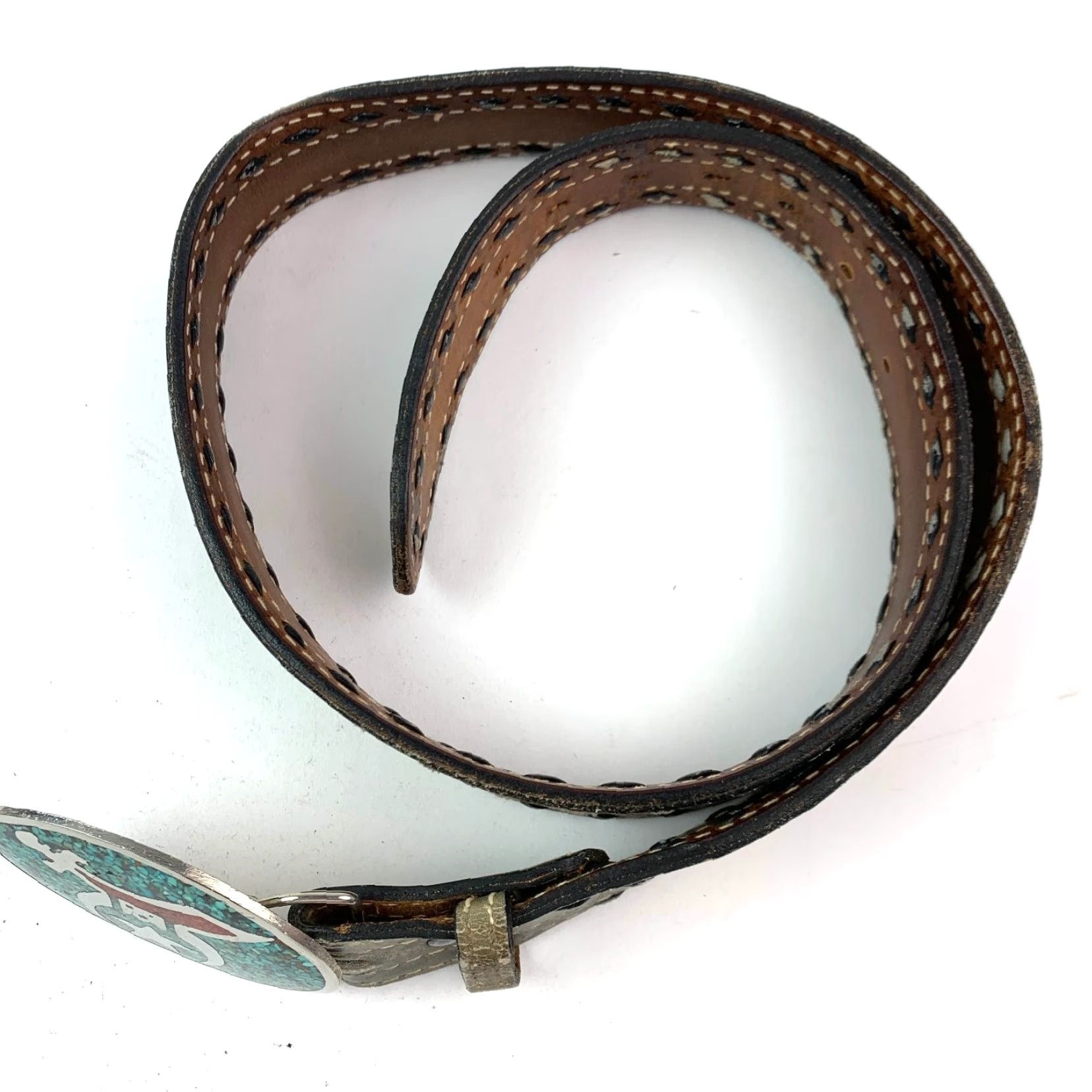 Vintage VINTAGE Nocona Mens Distressed Leather Belt Turquoise Inlay Buckle 36 Gray Inlay Shriners Buckle Size 36 - 2 Thumbnail