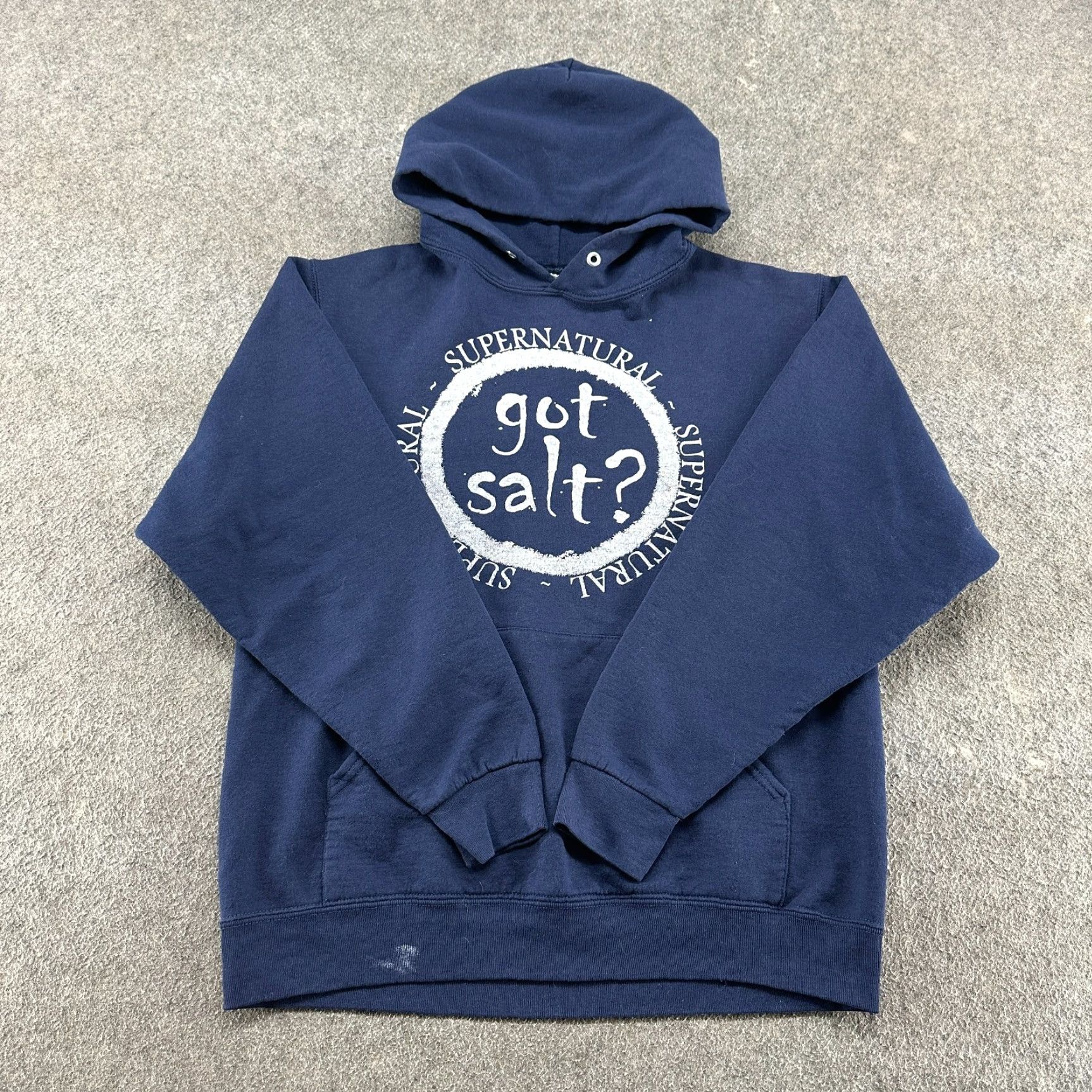VINTAGE Supernatural Hoodie Mens M Blue Navy Pullover Got Salt Cotton Skater Y2K