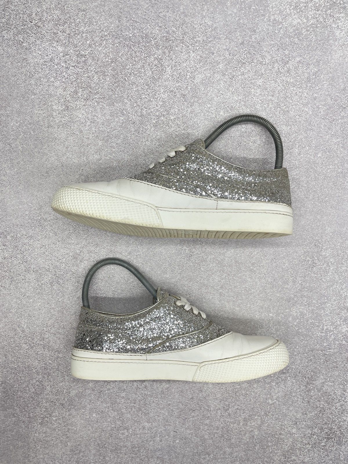 Miu Miu Miu Miu Leather Low Top Sneakers White/Glitter Silver Luxury Size US 7 / IT 37 - 3 Thumbnail