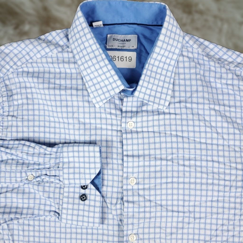 Vintage VINTAGE Duchamp Men's Dress Shirt Size 17.5 XL Blue Plaid Slim Fit Long Sleeve Business Casual Formal Size 46R - 1 Thumbnail