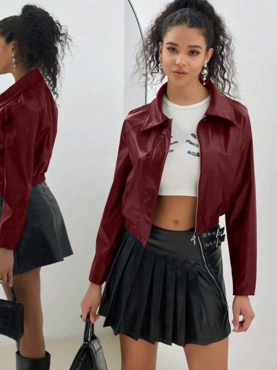Other Women’s Burgundy Faux Leather Cropped Jacket Size M / US 6-8 / IT 42-44 - 3 Thumbnail