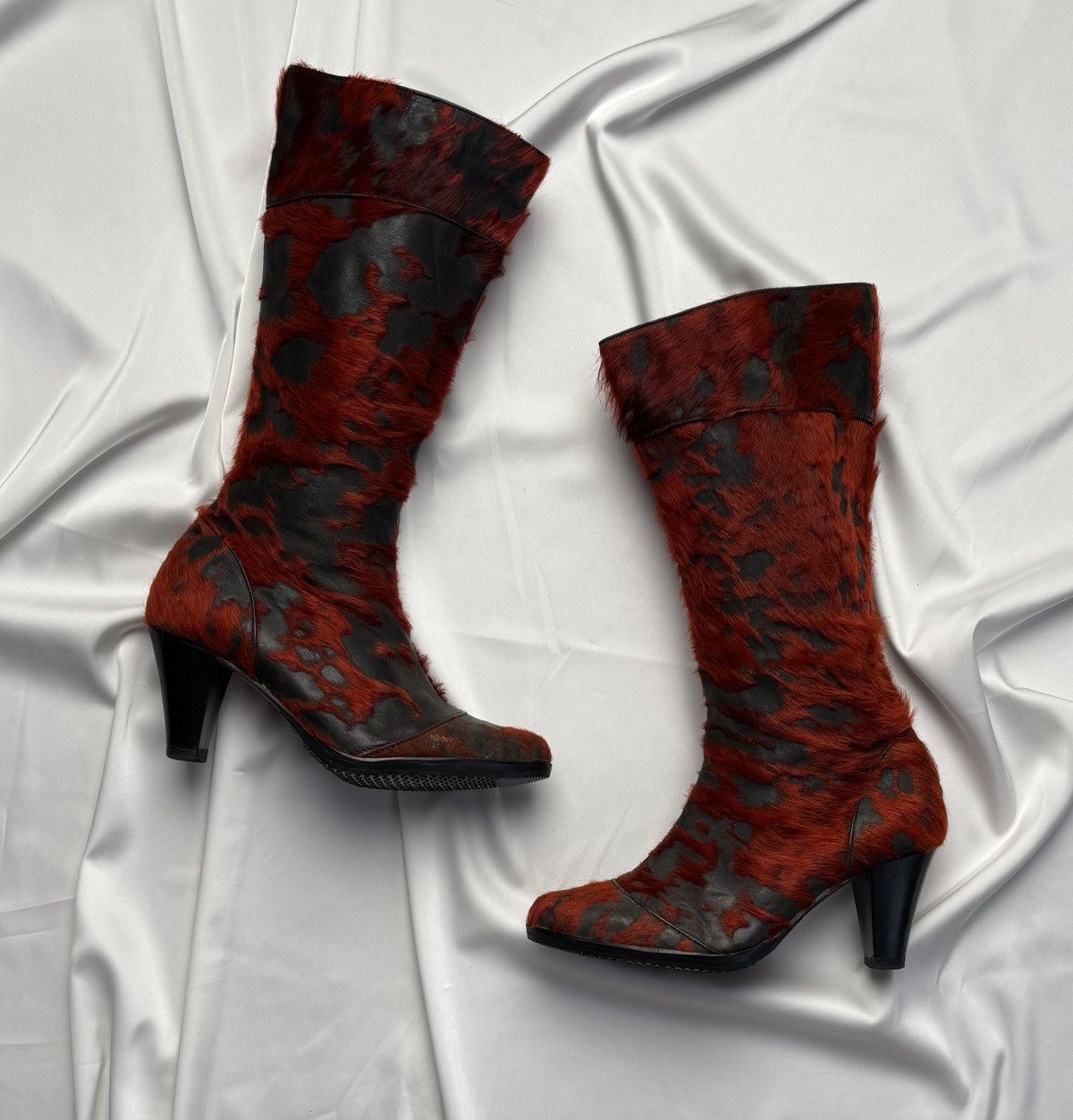 Avant Garde Vintage Hairy Punk Leather High Heel Shoes Boots in Red, Women's (Size 6.5)