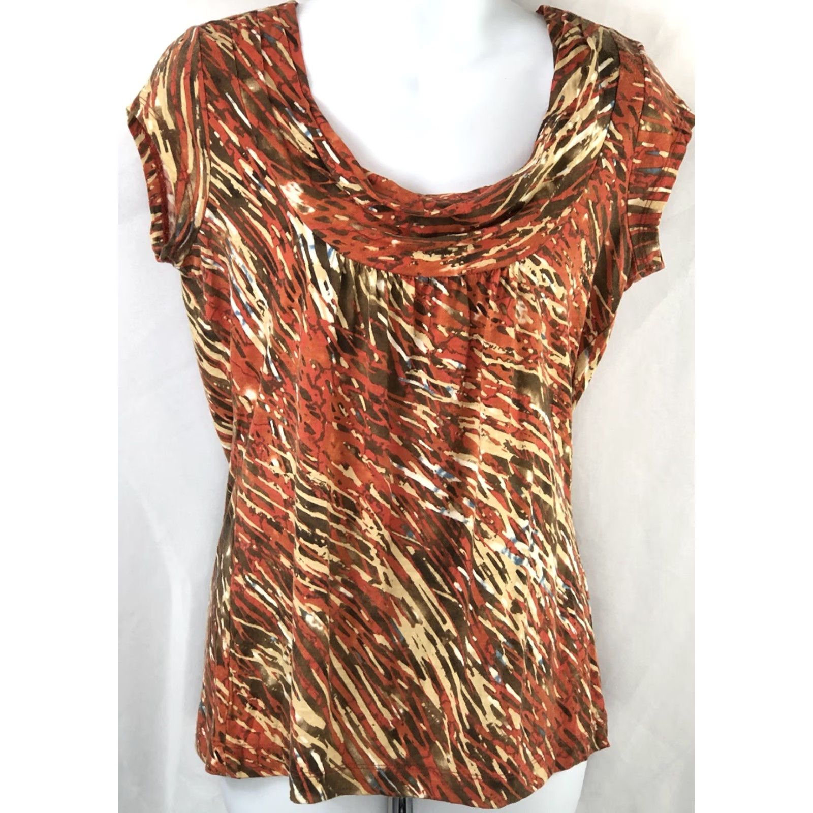 CO Liz & Co Scoop Cowl Draped Neck Top S Orange Geo Pleated Short Sleeve Bohemian Size S / US 4 / IT 40 - 4 Thumbnail