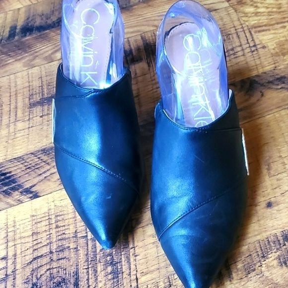 Calvin Klein Calvin Klein Grecia Black Leather Sz. 10 Heeled Mules Shoes Size US 10 / IT 40 - 1 Thumbnail