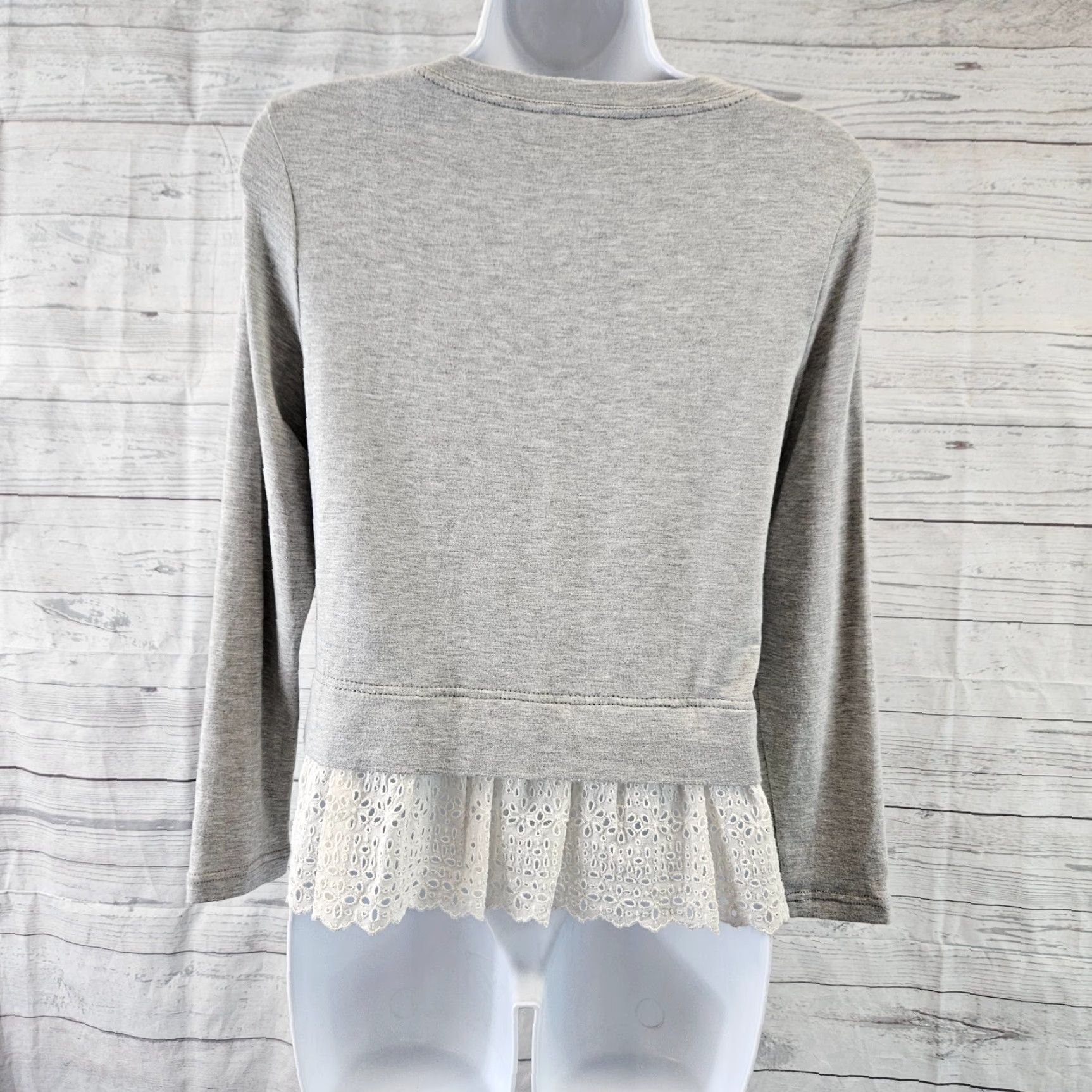 Rebecca Taylor VINTAGE Rebecca Taylor Womens Top XS Gray Ivory Eyelet Hem Modal Blend Long Sleeve Size XS / US 0-2 / IT 36-38 - 4 Thumbnail