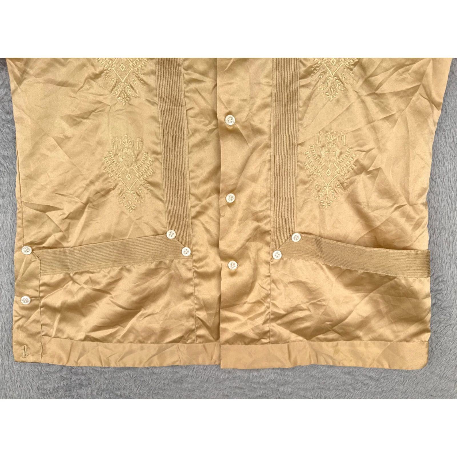 Vintage Calderon Shirt Men Large Yellow Guayabera Button Up Polyester Satin 4 Pocket Short Sleeve Compact Casual Resort Aloha Beach Vacation 4 Pocket Mens Size US L / EU 52-54 / 3 - 5 Thumbnail