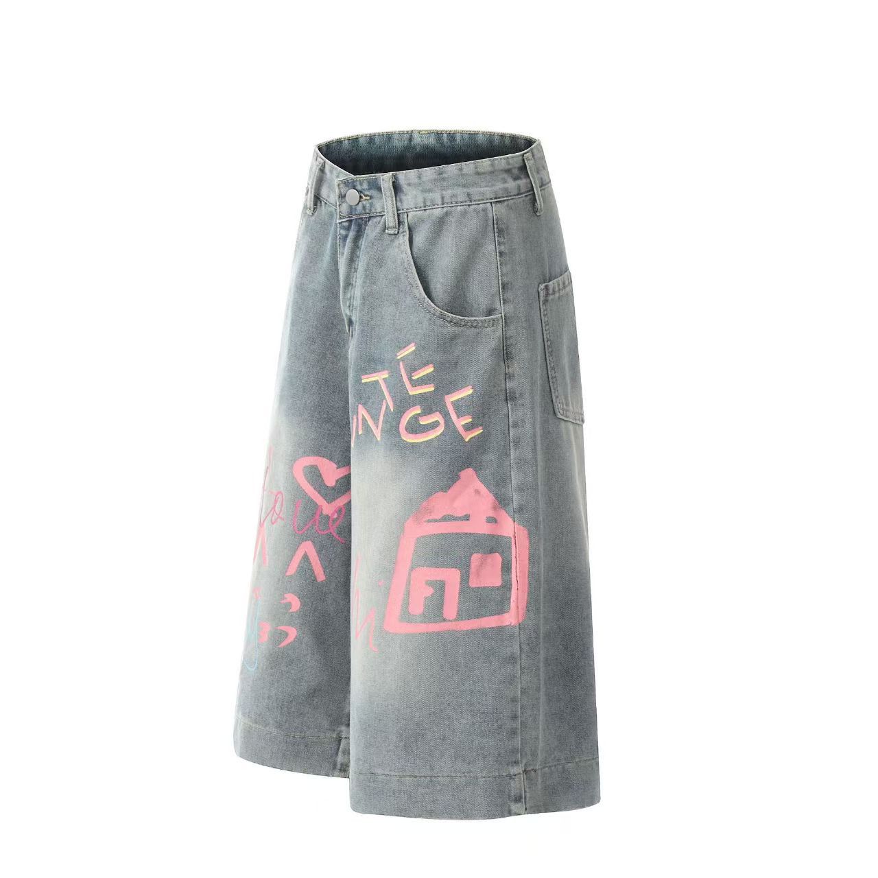 Vintage Graffiti baggy street hip hop washed denim shorts Size US 30 / EU 46 - 2 Thumbnail
