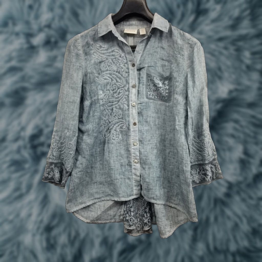Vintage Chicos Button-Up Blouse 0 Small Linen Blue Lightweight Easter Back Detail Women Womens Size XS / US 0-2 / IT 36-38 - 1 Thumbnail