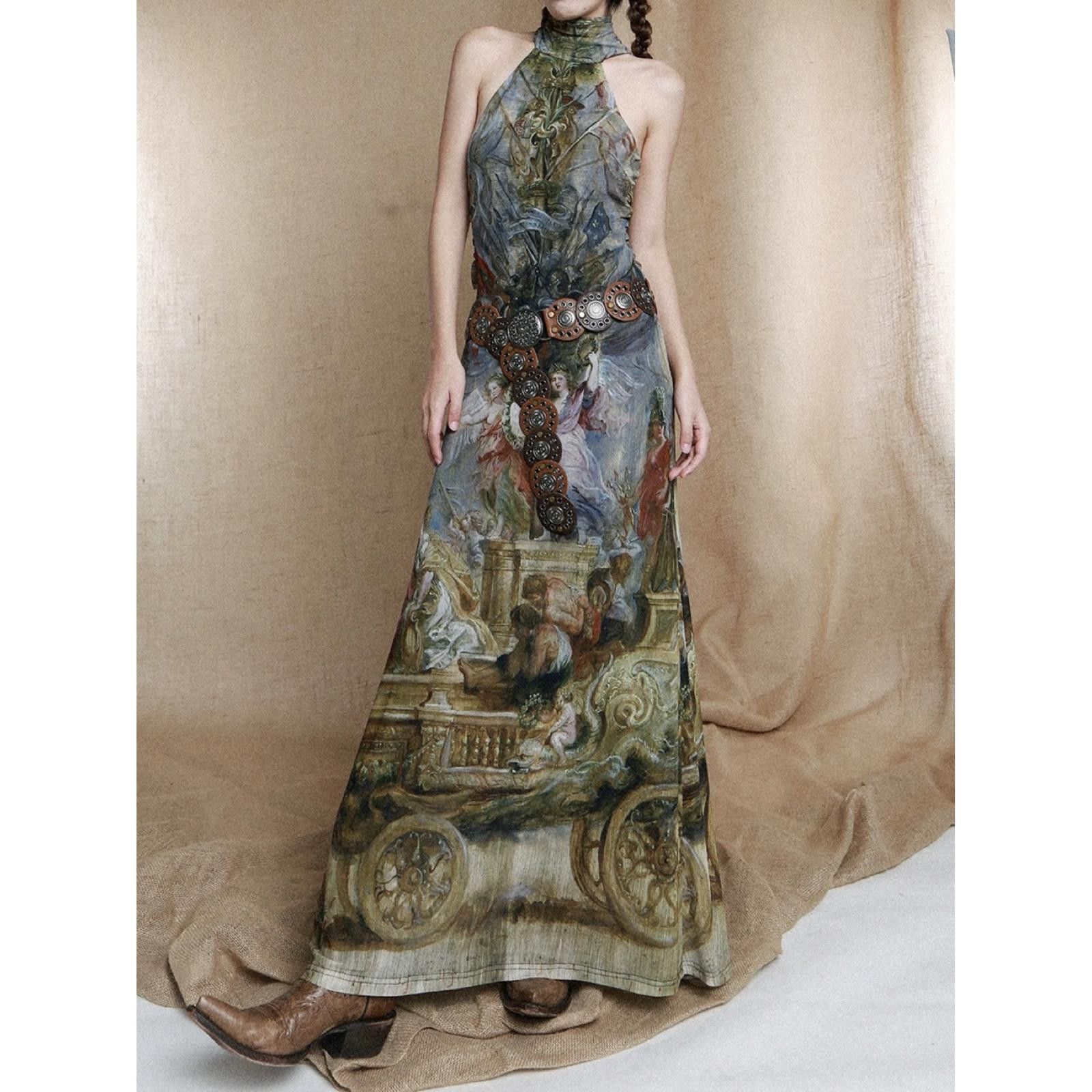 Japanese Brand Vintage Style Painting Print Halter Maxi Dress M Size M / US 6-8 / IT 42-44 - 4 Thumbnail