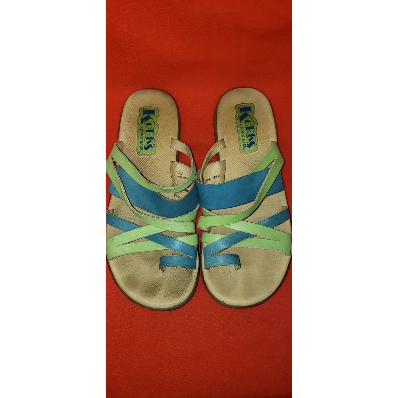 Vintage Korks Women's Strappy Slide Toe Ring Sandals Size 7M Green & Blue Leather Cushioned Insole Casual Shoes Womens Size US 7 / IT 37 - 3 Thumbnail