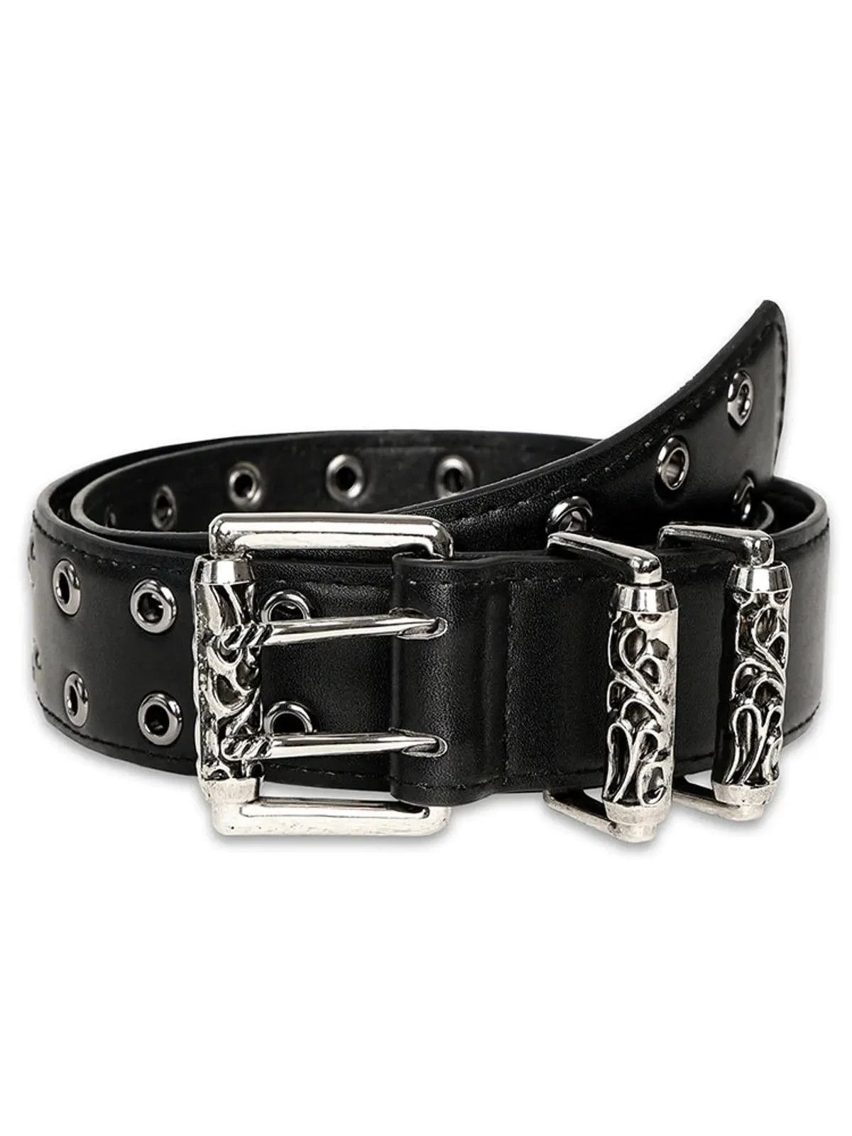 Other Black Leather Grommet Belt with Heavy-Duty Silver Buckle Size ONE SIZE - 6 Thumbnail