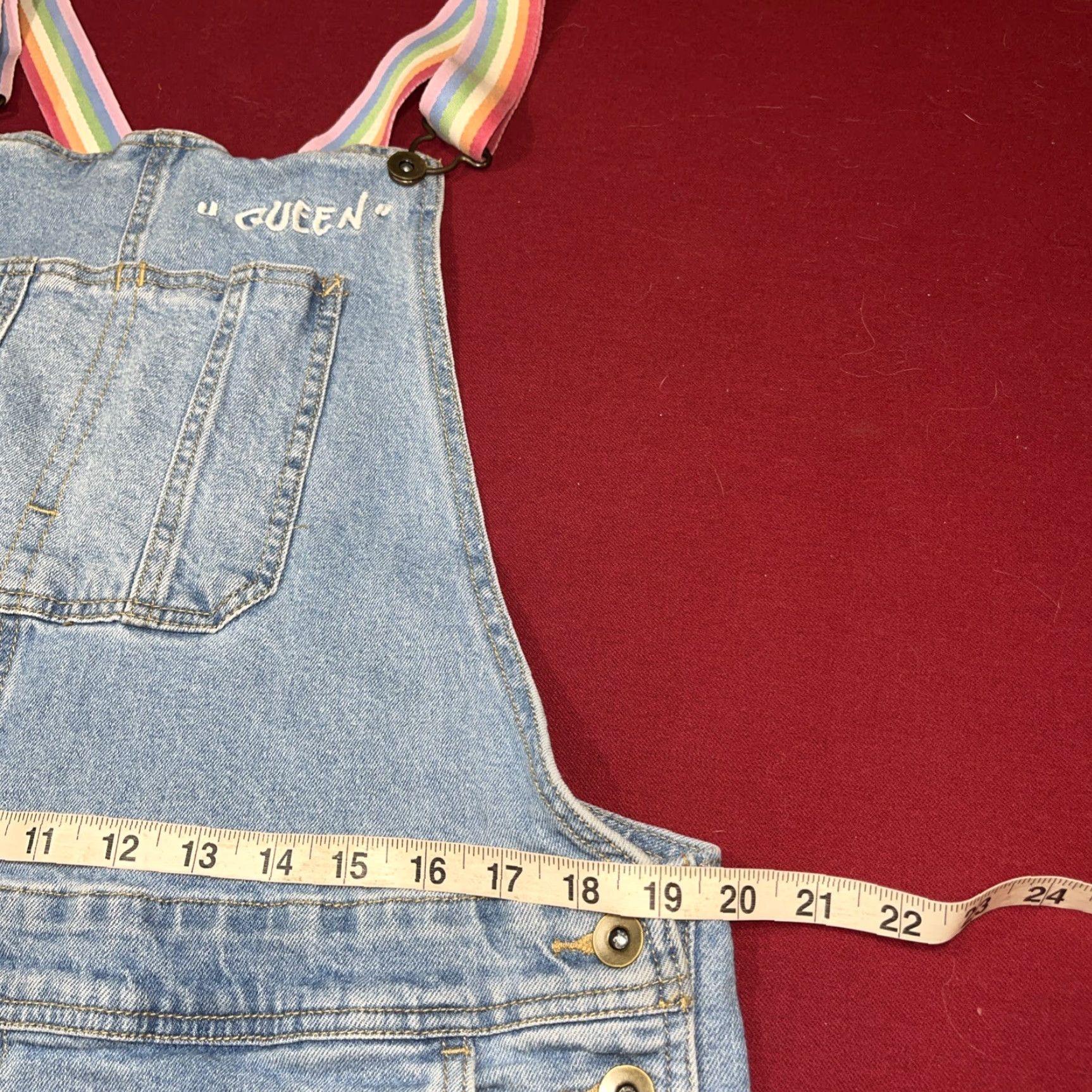 Vintage PRIDE Rainbow Blue Shortall Large Denim Shorts Bib Overalls Rainbow Straps Size 40" / US 18 - 7 Thumbnail