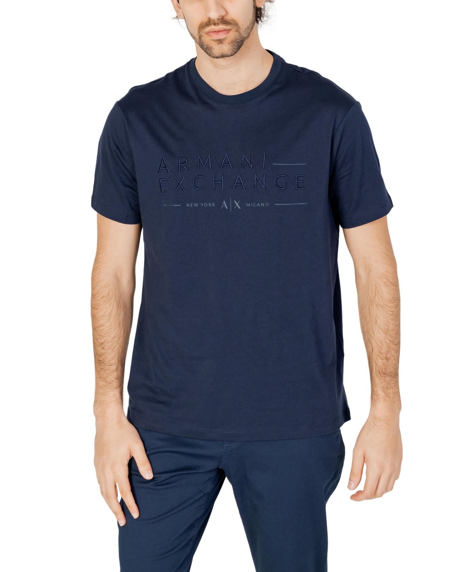 image of Armani Exchange Short Sleeve Round Neck Cotton T-Shirt in Blue, Men's (Size XL)