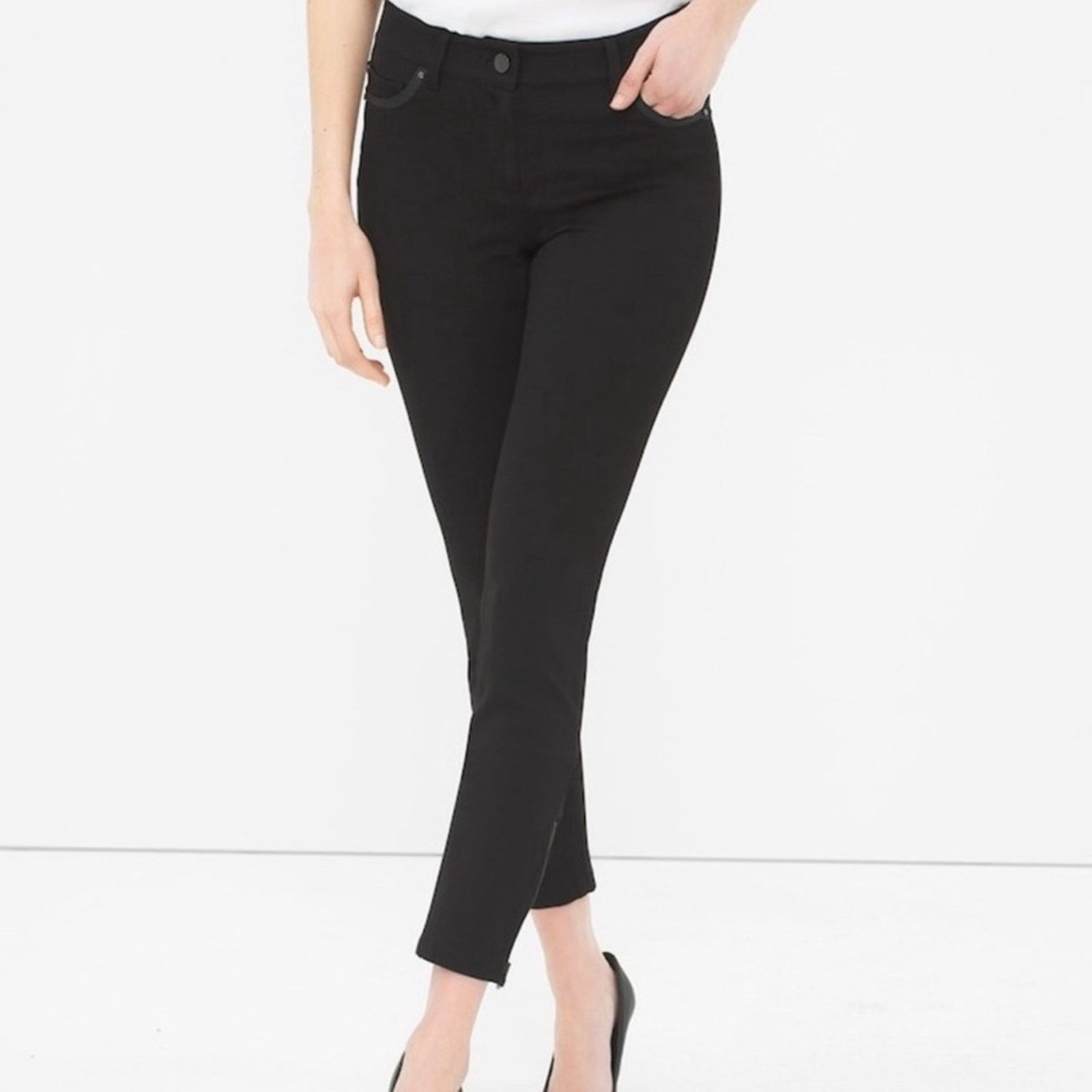 White House Black Market WHBM Black Faux Leather Trim Skinny Leg Pants Sz 10R Size 30" / US 8 / IT 44 - 1 Thumbnail