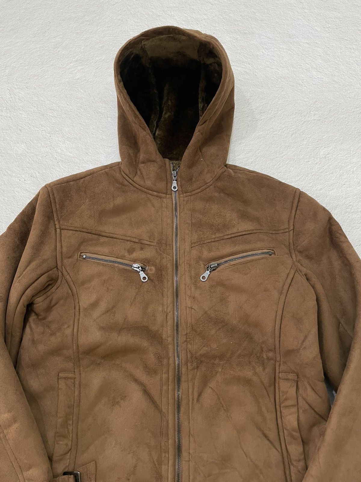 Le Grande Bleu (L.G.B.) 2000s Japan Shearling Hooded Suede Leather Jacket Brown Y2K Size US M / EU 48-50 / 2 - 2 Thumbnail