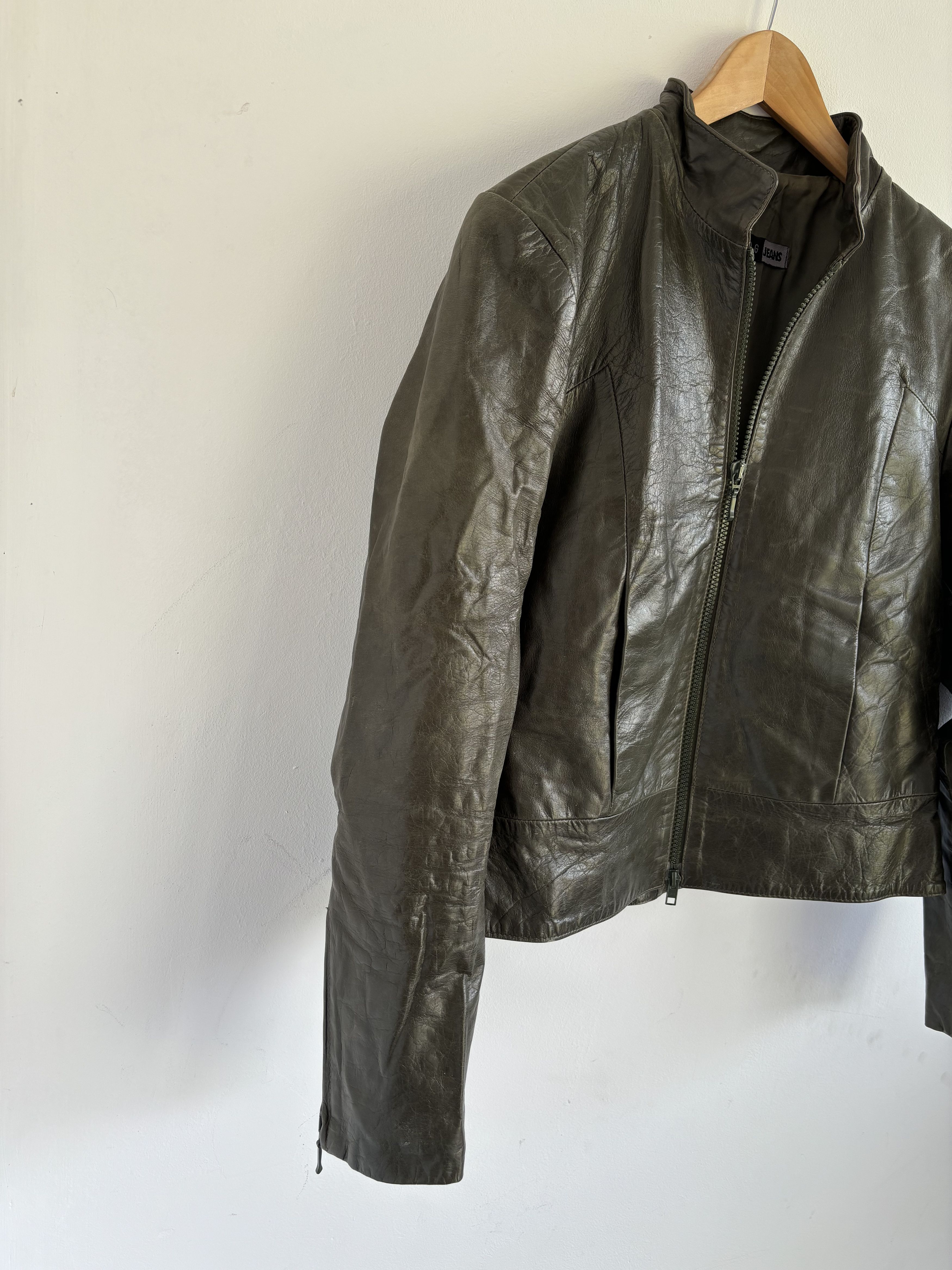 Genuine Leather Womens Olive Cow Nappa Leather Biker Style Rick Owens Jacket Size S / US 4 / IT 40 - 3 Thumbnail