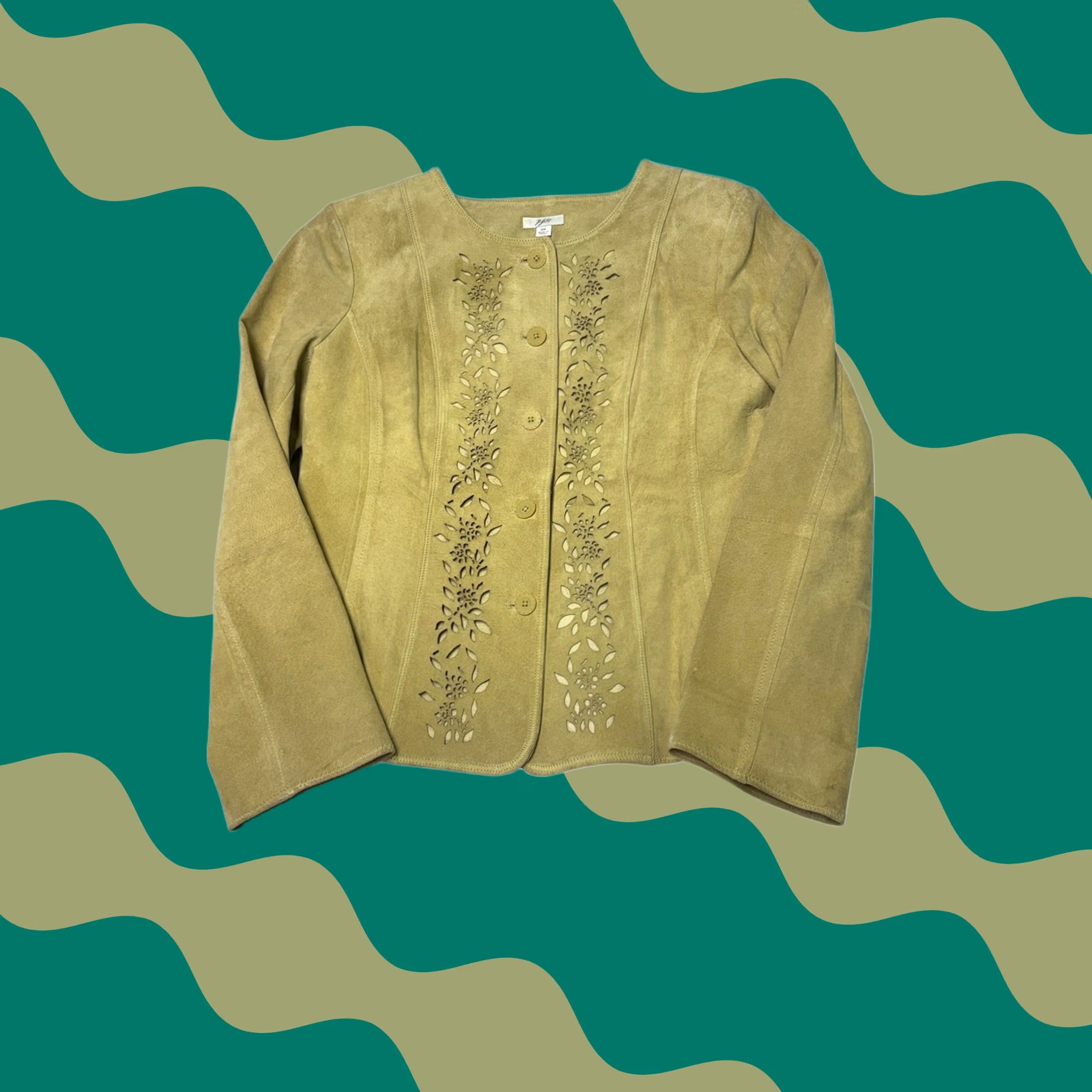 J. Jill VINTAGE J. Jill Womens XS Yellow Suede Leather Jacket Eyelet Floral Laser Cut Buttoned Short Sleeve Jacket Women XS Yellow Floral Eyelet Jacket Size XS / US 0-2 / IT 36-38 - 1 Thumbnail