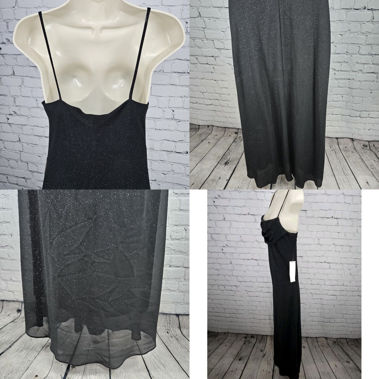 Vintage NWD Karina Nites Black Glitter Sheer Overlay Strappy Ruched Maxi Dress 6 Size M / US 6-8 / IT 42-44 - 8 Thumbnail