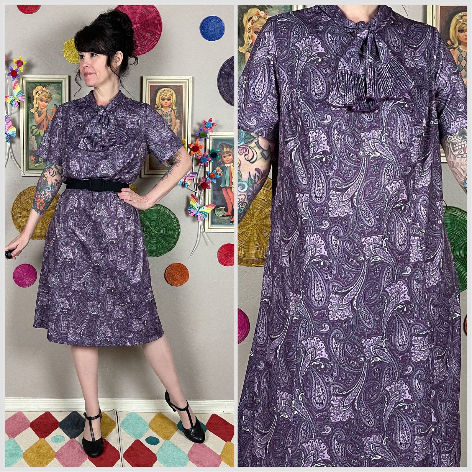 Vintage 1970s Purple Paisley Tie Neck Short Sleeve Shift Dress Size M / US 6-8 / IT 42-44 - 1 Thumbnail