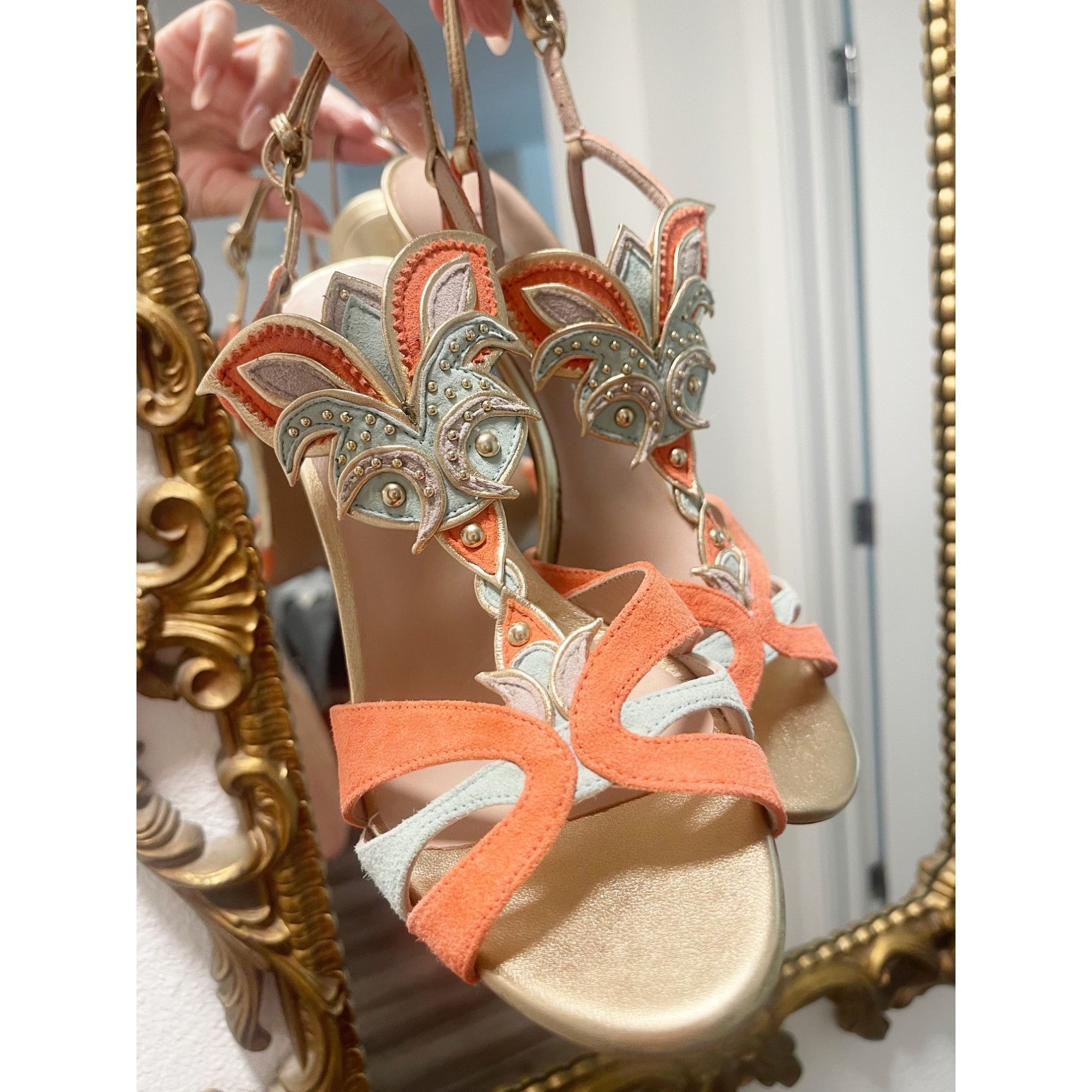 Other Pura Lopez Coral & Mint Leather & Suede Strappy Heels With G Size US 7.5 / IT 37.5 - 2 Thumbnail