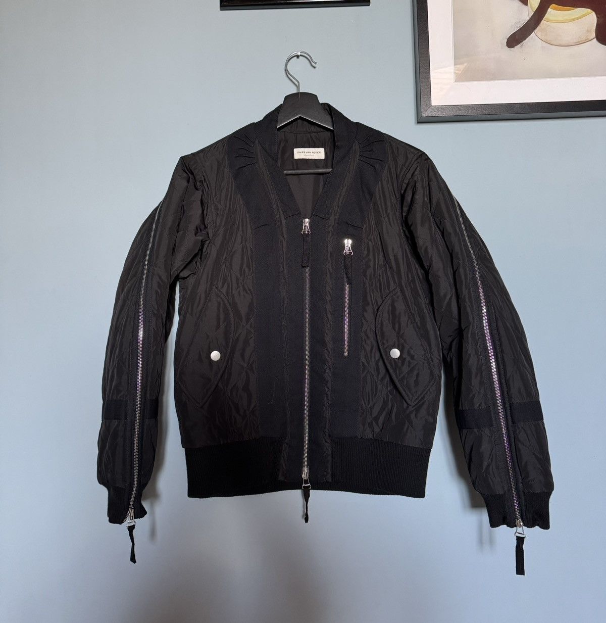 image of Dries Van Noten Aw14 Quilted Backzip Bomber in Black, Men's (Size Small)