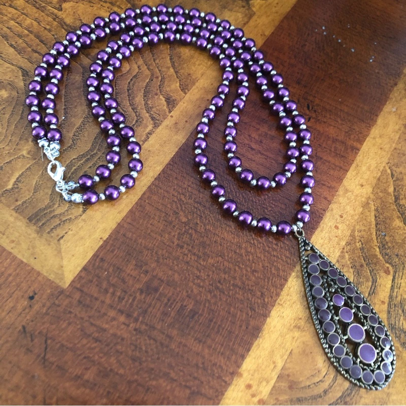 Handmade Handcrafted double strand purple Czech Pearl necklace Size ONE SIZE - 8 Thumbnail