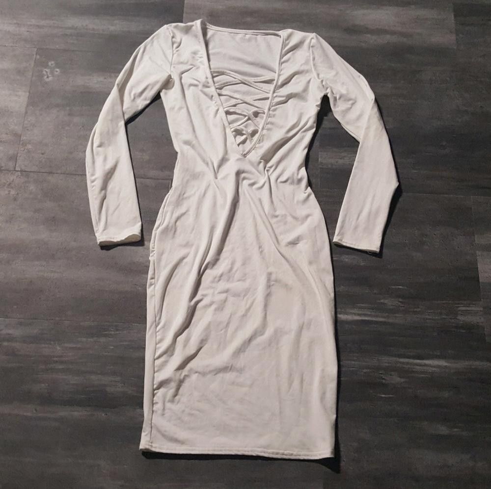Designer White Laced Up Front Business Midi Size S / US 4 / IT 40 - 1 Thumbnail