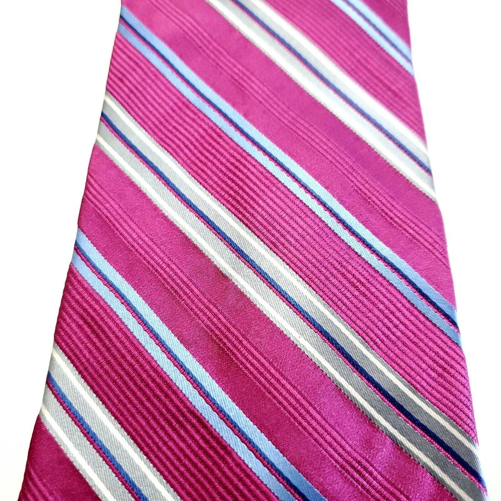 Jones New York Jones New York Fusia Pink Blue Striped Woven Wide Silk Tie Size ONE SIZE - 2 Thumbnail