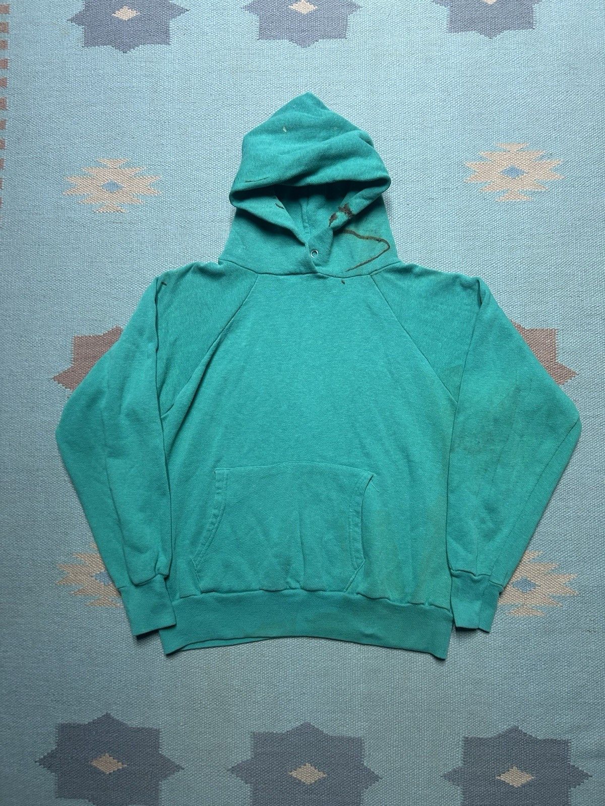 Vintage VTG 70s hoodie sweatshirt blank teal turquoise distressed M Size US M / EU 48-50 / 2 - 1 Thumbnail